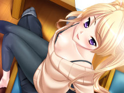 Rule 34 | 1boy, 1girl, artist request, barefoot, blonde hair, blush, bra, chair, downblouse, dutch angle, facing viewer, flat chest, from above, game cg, indoors, knees together feet apart, komine chika, lingerie, long hair, looking at viewer, nipple slip, nipples, no shoes, over-dose, over-dose (company), overdose (company), ponytail, pov, purple eyes, running bond, sitting, sitting on lap, sitting on person, small nipples, smile, socks, sweater, toppatsusei milk musume chika, twintails, underwear, white legwear, wooden floor