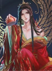 Rule 34 | 1boy, aubergrin, bare shoulders, black hair, chinese clothes, cup, dress, holding, holding cup, long hair, male focus, open clothes, parted bangs, red dress, renzha fanpai zijiu xitong, robe, scar, scar on arm, shen qingqiu, solo, teacup