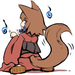 Rule 34 | 1girl, animal ears, ass, bad id, bad pixiv id, brown hair, hitodama, japanese clothes, jingai modoki, kimono, kneeling, looking back, lowres, paw pose, profile, red eyes, short hair, simple background, sitting, smile, solo, tail, tail wagging, white background