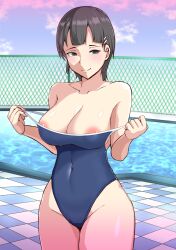 Rule 34 | 1girl, areola slip, black hair, blunt bangs, blush, breasts, cleavage, clothes pull, competition swimsuit, covered erect nipples, covered navel, green eyes, half-closed eyes, highres, kirigaya suguha, large breasts, legs, looking at viewer, naughty face, nipple slip, nipples, one-piece swimsuit, one-piece swimsuit pull, pool, pulling own clothes, seductive smile, shinkai toro, short hair, smile, solo, strap pull, swimsuit, sword art online, teasing, thick thighs, thighs, undressing