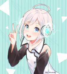Rule 34 | 1boy, ahoge, aqua background, aqua eyes, bare shoulders, black sleeves, blue eyes, clip studio paint (medium), commentary, detached sleeves, double-breasted, glowing, gremlinbon, hand up, headphones, heterochromia, highres, leaning forward, looking at viewer, male focus, open mouth, shirt, sleeveless, sleeveless shirt, smile, sound wave, triangle, twitter username, upper body, utatane piko, v, vocaloid, white hair, white shirt