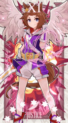 Rule 34 | &gt;:), 1girl, absurdres, animal ears, biko pegasus (umamusume), blue eyes, brown hair, clenched teeth, closed mouth, commentary request, discharge mochi, feathered wings, feet out of frame, gloves, hand up, highres, holding, holding sword, holding weapon, hood, hood down, hooded jacket, horse ears, horse girl, horse tail, jacket, justice (tarot), looking at viewer, puffy shorts, purple jacket, shoes, short shorts, short sleeves, shorts, smile, solo, standing, star (symbol), sword, tail, tarot, tarot (medium), teeth, umamusume, v-shaped eyebrows, weapon, white footwear, white gloves, white shorts, white wings, wings