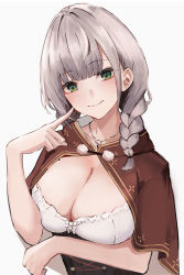 Rule 34 | 1girl, arm under breasts, blunt bangs, blush, braid, breasts, brown capelet, capelet, cleavage, closed mouth, corset, ema (kuguiema), finger to cheek, green eyes, highres, hololive, hololive fantasy, jewelry, large breasts, long hair, looking at viewer, necklace, shirogane noel, shirogane noel (dirndl), simple background, smile, solo, twin braids, upper body, virtual youtuber, white background