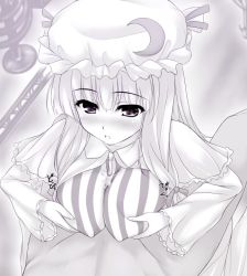 Rule 34 | 1girl, blush, grabbing another&#039;s breast, breasts, crescent hat ornament, cum, grabbing, greyscale, hat, hat ornament, large breasts, long hair, monochrome, paizuri, paizuri over clothes, patchouli knowledge, penis, solo focus, touhou, uni8