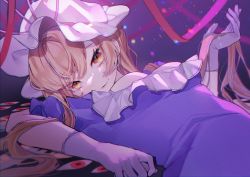Rule 34 | 1girl, absurdres, black background, blonde hair, bow, breasts, closed mouth, commentary request, dress, eyes visible through hair, gap (touhou), gloves, gradient background, grey gloves, hair between eyes, hand up, hat, hat bow, highres, kappa mame, long hair, looking at viewer, lying, medium breasts, mob cap, on back, pink bow, puffy short sleeves, puffy sleeves, purple background, purple dress, red eyes, short sleeves, smile, solo, tape, touhou, white hat, yakumo yukari, yellow eyes
