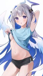 Rule 34 | 1girl, amane kanata, angel wings, bad id, bad twitter id, black shorts, blue shirt, breasts, clothes lift, commentary request, cowboy shot, dolphin shorts, feathered wings, grey hair, halo, highres, hololive, lifting own clothes, midriff, navel, nel dcm, no bra, parted lips, purple eyes, shirt, shirt lift, shorts, simple background, small breasts, solo, stomach, two side up, virtual youtuber, white background, white wings, wings