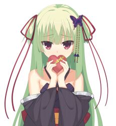 Rule 34 | 1girl, absurdres, armpit crease, bare shoulders, black kimono, blunt bangs, blunt ends, bow, box, butterfly hair ornament, commentary request, covering own mouth, detached sleeves, eyes visible through hair, floral print, furrowed brow, gift, green hair, hair ornament, hair ribbon, heart-shaped box, highres, holding, holding gift, japanese clothes, kaon zz, kimono, long hair, long sleeves, looking at viewer, murasame (senren), own hands together, pom pom (clothes), red eyes, red ribbon, ribbon, senren banka, shy, sidelocks, simple background, solo, straight-on, straight hair, two side up, upper body, valentine, very long hair, white background, wide sleeves, yellow bow, yellow ribbon