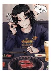 Rule 34 | 1boy, alcohol, alternate costume, beer, black hair, bored, chain, chain necklace, covered mouth, feitan portor, food, furrowed brow, glass, highres, holding, holding tongs, hunter x hunter, jewelry, jitome, long sleeves, looking at viewer, male focus, meat, necklace, obentowasureta, parted lips, pov dating, ring, shirt, short hair, solo, t-shirt, table, tongs, translation request