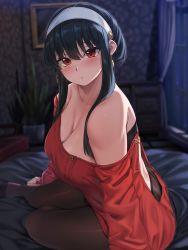 Rule 34 | 1girl, backless outfit, bare shoulders, black hair, blush, breasts, cleavage, dress, earrings, hair ornament, hairband, highres, jewelry, large breasts, long hair, looking at viewer, moisture (chichi), pantyhose, red dress, red eyes, sidelocks, solo, spy x family, yor briar