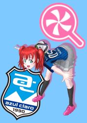 Rule 34 | 1girl, aqua background, aqua eyes, artist name, artist request, ball, bare legs, black legwear, blue shirt, blush, breasts, female focus, full body, green eyes, grey skirt, hair between eyes, highres, kurosawa ruby, looking at viewer, love live!, love live! sunshine!!, miniskirt, outstretched arms, parted lips, pink footwear, plaid, plaid skirt, pleated, pleated skirt, red hair, shirt, shoes, short hair, short sleeves, skirt, smile, soccer, soccer ball, soccer uniform, solo, sports uniform, sportswear, spread arms, twintails, two side up