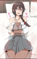 Rule 34 | 1girl, absurdres, aged up, bare shoulders, blue eyes, blush, braid, breast hold, breasts, brown hair, cleavage, highres, kantai collection, large breasts, long hair, looking at viewer, lying, on back, open mouth, pillow, saku (kudrove), shigure (kancolle), single braid, skirt, smile, solo focus