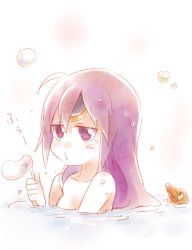 Rule 34 | 00s, 1girl, 6 (yuchae), :3, bathing, blowing bubbles, dust of osiris, dust of osiris revised, facial mark, forehead mark, hair down, jitome, long hair, melty blood, nude, o3o, purple eyes, purple hair, ringed eyes, rubber duck, solo, tsukihime