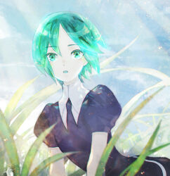 Rule 34 | 1other, androgynous, aqua hair, arched back, az rei, black necktie, blurry, crystal hair, day, depth of field, gem uniform (houseki no kuni), grass, highres, houseki no kuni, looking at viewer, nature, necktie, other focus, outdoors, phosphophyllite, puffy short sleeves, puffy sleeves, short hair, short sleeves, signature, sky, solo, sparkle, surprised, upper body
