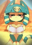 Rule 34 | 1girl, :&lt;, animal crossing, animal ears, animated, ankha (animal crossing), aqua hair, arm warmers, ashraely, bare shoulders, black eyes, blonde hair, blue sky, blunt bangs, bob cut, bouncing breasts, breasts, budget sarashi, cat ears, cat tail, closed mouth, day, egyptian, female focus, furry, furry female, groin, hair ornament, half-closed eyes, large breasts, looking at viewer, looking down, multicolored hair, nintendo, nipple slip, nipples, out-of-frame censoring, outdoors, own hands together, pyramid (structure), sand, sarashi, short hair, sky, snake hair ornament, solo, standing, tail, two-tone hair, v arms, video, wide hips