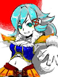 Rule 34 | 1girl, blue hair, breasts, cleavage, female focus, final fantasy, final fantasy crystal chronicles, midriff, partially colored, red eyes, selkie, solo, white background, wolfie selkie (female)