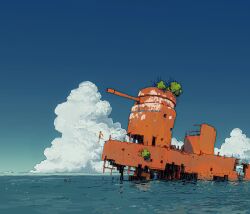 Rule 34 | 1boy, 2others, abandoned, absurdres, afloat, alariko, blue sky, blue swim trunks, brown hair, cloud, day, from side, highres, horizon, jumping, male swimwear, military vehicle, multiple others, ocean, original, outdoors, overgrown, ruins, rust, scenery, ship, short hair, sky, swimming, topless male, very wide shot, warship, water, watercraft