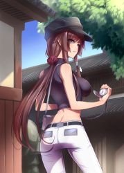 Rule 34 | 1girl, architecture, ass, belt, black belt, black headwear, black sweater, breasts, chain, commission, cropped sweater, east asian architecture, from behind, highres, holding, holding pocket watch, long hair, looking to the side, low ponytail, makishima azusa, medium breasts, muv-luv, muv-luv alternative, muv-luv total eclipse, pants, parted lips, pocket watch, purple eyes, ribbed sweater, second-party source, skeb commission, solo, sweater, takamura yui, tree, very long hair, watch, white pants