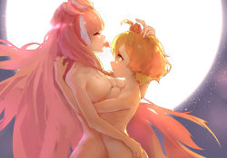 Rule 34 | 10s, 2girls, ahoge, asymmetrical docking, blonde hair, blunt bangs, blush, breast press, breasts, closed eyes, couple, eyebrows, eyelashes, floating hair, freyja wion, from side, green eyes, gujianshaonu, hand on another&#039;s ass, hand on another&#039;s head, heart, hug, kiss, large breasts, long hair, looking at another, macross, macross delta, mikumo guynemer, multicolored hair, multiple girls, night, night sky, nude, parted lips, profile, short hair, sky, star (sky), streaked hair, topknot, upper body, very long hair, white hair, yuri
