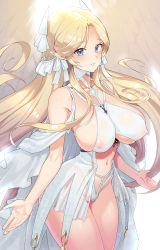 Rule 34 | 1girl, areola slip, azur lane, bare arms, bare shoulders, blonde hair, blue eyes, blush, breasts, brest (azur lane), commentary request, covered erect nipples, dress, feathered wings, from side, highres, large breasts, long dress, long hair, looking at viewer, navel, parted bangs, parted lips, pearl thong, pointy ears, revealing clothes, see-through, see-through skirt, skirt, smile, solo, supurai, thighs, very long hair, wings