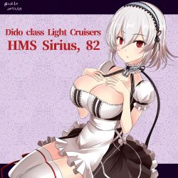 Rule 34 | 1girl, apron, azur lane, breasts, brown dress, character name, cleavage, collarbone, commentary request, dated, dress, dutch angle, fingernails, frilled apron, frilled dress, frills, grey hair, hair between eyes, hairband, hands on own chest, hands up, hebitsukai-san, highres, lace-trimmed hairband, lace trim, large breasts, looking at viewer, parted lips, puffy short sleeves, puffy sleeves, red eyes, short sleeves, sirius (azur lane), solo, thighhighs, twitter username, waist apron, white apron, white hairband, white thighhighs