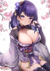 1girl arm_support black_thighhighs blush breasts bridal_gauntlets cherry_blossoms cleavage collarbone flower frown genshin_impact hair_flower hair_ornament highres holding holding_own_hair japanese_clothes kimono large_breasts long_hair long_sleeves looking_at_viewer nail_polish obi out_of_frame parted_lips purple_eyes purple_flower purple_hair purple_kimono purple_nails raiden_shogun sash simple_background sitting solo tassel thighhighs thighs vision_(genshin_impact) white_background yutoriko_(candy0905)