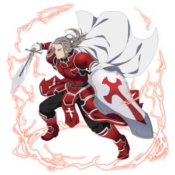 Rule 34 | 1boy, armor, black pants, boots, cape, closed mouth, faulds, floating hair, full body, gloves, heathcliff (sao), highres, holding, holding shield, holding sword, holding weapon, long hair, male focus, official art, pants, pauldrons, ponytail, red footwear, shield, shoulder armor, silver hair, solo, sword, sword art online, transparent background, weapon, white cape, white gloves