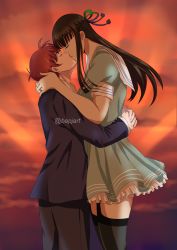 Rule 34 | 10s, 1boy, 1girl, alternate costume, alternate hairstyle, backlighting, beta (joutarou), black hair, black thighhighs, blue ribbon, braid, closed eyes, commentary, dress, engagement ring, french braid, garter straps, green ribbon, height difference, hetero, hug, iowa (pacific), jewelry, kantai collection, kiss, layered dress, multicolored ribbon, necklace, no headwear, ornate ring, pacific (kancolle), puffy short sleeves, puffy sleeves, red hair, ribbon, ring, sailor dress, short sleeves, star (symbol), star necklace, thighhighs