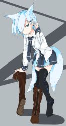Rule 34 | 1girl, animal ears, blue eyes, blue hair, boots, breasts, brown footwear, commentary request, cross-laced footwear, fox ears, fox tail, hair ornament, hair over one eye, knee boots, korigitsune, lace-up boots, looking at viewer, matching hair/eyes, miniskirt, multiple tails, necktie, original, shoes, short hair, single boot, single shoe, skirt, solo, tail, thighhighs, unworn boot, unworn boots