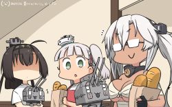 Rule 34 | 2others, 3girls, ^^^, ahoge, akizuki (kancolle), alternate costume, bag, black hair, blunt bangs, bread, breast envy, breasts, budget sarashi, chou-10cm-hou-chan, clothes writing, commentary request, dark-skinned female, dark skin, dated, detached collar, flat chest, food, glasses, hachimaki, hair between eyes, hair ribbon, hamu koutarou, hat, headband, highres, kantai collection, kikumon, large breasts, long hair, maestrale (kancolle), mini hat, multiple girls, multiple others, musashi (kancolle), musashi kai ni (kancolle), one side up, open mouth, paper bag, ponytail, ribbon, sarashi, shaded face, shirt, short hair with long locks, silver hair, t-shirt, tan, teeth, twintails, two side up, upper body, upper teeth only, white headwear, white shirt