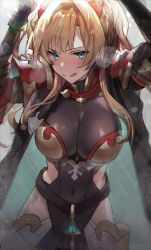 Rule 34 | 1girl, armor, black legwear, blonde hair, blue eyes, blush, bodysuit, braid, breasts, cleavage, doushite, granblue fantasy, hair intakes, hair ornament, hairband, highres, large breasts, long hair, looking at viewer, navel, simple background, smile, solo, twintails, zeta (granblue fantasy)