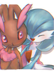 Rule 34 | 2girls, :&lt;, ^ ^, aliasing, alternate color, animal nose, blue hair, blue skin, blush, bob cut, body fur, brown fur, butter (oshi8kyoumoh), chromatic aberration, closed eyes, closed mouth, colored skin, creatures (company), drop shadow, female focus, flat chest, furry, furry female, game freak, gardevoir, gen 3 pokemon, gen 4 pokemon, hair between eyes, hand to own mouth, hand up, happy, highres, long ears, looking at another, lopunny, multicolored skin, multiple girls, nintendo, open mouth, pink eyes, pink fur, pokemon, pokemon (creature), rabbit ears, rabbit girl, resized, shiny pokemon, short hair, simple background, smile, two-tone fur, two-tone skin, upper body, upscaled, white background, white skin