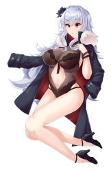 Rule 34 | 1girl, absurdres, apertio, azur lane, black one-piece swimsuit, bracelet, breasts, choker, cleavage, coat, flower, full body, graf zeppelin (azur lane), graf zeppelin (beachside urd) (azur lane), hair flower, hair ornament, high heels, highres, jewelry, large breasts, long hair, navel, one-piece swimsuit, red eyes, see-through, silver hair, solo, swimsuit