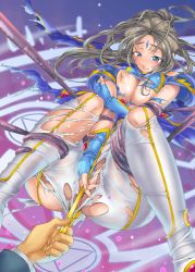 Rule 34 | 1girl, aa megami-sama, antenna hair, ass, bdsm, belldandy, blue eyes, blush, bondage, bound, breast hold, breasts squeezed together, breasts, facial mark, fingerless gloves, forehead mark, gloves, large breasts, long hair, myouga, nipples, solo focus, tentacles, torn clothes