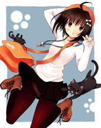 Rule 34 | 1girl, ahoge, bad id, bad pixiv id, bag, blush, boots, brown eyes, brown hair, cat, clothes lift, colorized, cross-laced footwear, hat, highres, jewelry, key, key necklace, lace-up boots, lilks, necklace, original, pan (mimi), panties, panties under pantyhose, pantyhose, pantyshot, short hair, solo, sweater, underwear, white panties