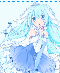 Rule 34 | 1girl, absurdres, blue eyes, blue hair, bustier, chestnut mouth, detached sleeves, diadem, dress, easter egg, egg, floating hair, hair between eyes, hatsune miku, highres, holding, layered dress, long hair, long sleeves, looking at viewer, rabbit tail, so ra 01 02, solo, strapless, strapless dress, tail, twintails, very long hair, vocaloid, white sleeves, yuki miku