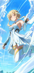 Rule 34 | 1girl, absurdres, arm guards, bare shoulders, blonde hair, blue sky, blush, breasts, cleavage, detached sleeves, dress, feather hair ornament, feathers, flower, genshin impact, grin, hair flower, hair ornament, highres, looking at viewer, lumine (genshin impact), medium breasts, medium hair, nayuyu1105, scarf, sidelocks, sky, smile, solo, thighhighs, white dress, white scarf, white thighhighs, yellow eyes