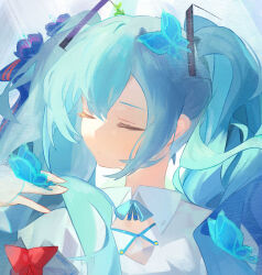 Rule 34 | 1girl, absurdres, black bow, blue hair, blue ribbon, blush, bow, bug, butterfly, butterfly on hand, butterfly on head, closed eyes, closed mouth, collared shirt, commentary, facing away, hair between eyes, hair bow, hair ornament, hand up, hatsune miku, highres, insect, long hair, mihoranran, neck ribbon, portrait, ribbon, shirt, sidelocks, solo, twintails, vocaloid, white shirt