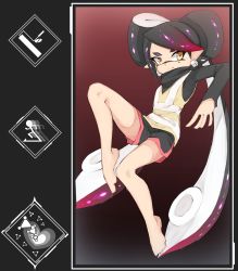 Rule 34 | 1girl, barefoot, black hair, black shirt, black shorts, brown eyes, callie (splatoon), closed mouth, commentary, covered mouth, crossed legs, dolphin shorts, earrings, english text, gameplay mechanics, gradient hair, green hair, grey hair, hand in own hair, highres, inkling, invisible chair, jewelry, knee up, leaning back, long hair, long sleeves, looking at viewer, medium hair, mole, mole under eye, multicolored hair, nintendo, pointy ears, purple hair, shirt, short shorts, shorts, sitting, smile, solo, splat bomb (splatoon), splat charger (splatoon), splat roller (splatoon), splatoon (series), splatoon 1, squidbeak splatoon, sukeo (nunswa08), swept bangs, tentacle hair, very long hair, vest, yellow vest