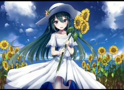 Rule 34 | 1girl, black hair, blush, brown eyes, dress, flower, hat, heavens thunder (byakuya-part2), looking at viewer, original, solo, sun hat, sundress, sunflower, white dress