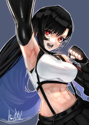 Rule 34 | 1girl, abs, armpits, bare shoulders, black hair, breasts, clenched hand, commentary request, elbow gloves, final fantasy, final fantasy vii, final fantasy vii remake, fingerless gloves, gloves, haishima xv, highres, large breasts, long hair, looking at viewer, midriff, navel, open mouth, red eyes, skirt, solo, sports bra, suspender skirt, suspenders, teeth, tifa lockhart, tongue