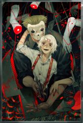 Rule 34 | 2boys, amputee, arm up, black background, black shirt, blonde hair, blood, border, collared shirt, cropped torso, grey border, hair ornament, hairclip, hockey mask, long sleeves, looking at viewer, mask, multiple boys, omori yakumo, open mouth, pliers, roman numeral, scythe, shirt, short hair, short sleeves, smile, stitches, suspenders, suzuya juuzou, teeth, tokyo ghoul, upper body, upper teeth only, weapon, white hair, white shirt, white sleeves, zoo (oukakumaku)