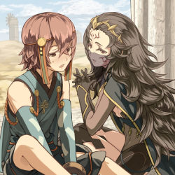 Rule 34 | 1boy, 1girl, black gloves, black thighhighs, blue kimono, blue sleeves, bodysuit, breasts, brown eyes, brown hair, cleavage, curly hair, day, detached sleeves, elbow gloves, fire emblem, fire emblem fates, gloves, hayato (fire emblem), interlocked fingers, japanese clothes, kimono, long hair, long sleeves, mask, mooncanopy, nintendo, nyx (fire emblem), open mouth, outdoors, own hands together, print sleeves, see-through, sleeveless, sleeveless kimono, small breasts, thighhighs, very long hair