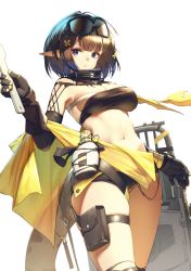 Rule 34 | 1girl, arknights, bandeau, bare shoulders, black gloves, black hair, black panties, black scarf, blue eyes, blunt bangs, breasts, cleavage, commentary, cowboy shot, eunectes (arknights), eyebrows hidden by hair, gloves, goggles, goggles on head, hand up, highres, holding, holding wrench, itaco, large breasts, looking at viewer, midriff, navel, panties, parted lips, pointy ears, pouch, scarf, shield, short hair, sidelocks, simple background, skindentation, snake tail, solo, standing, stomach, strapless, tail, thigh pouch, thigh strap, thighs, tube top, underwear, white background, wrench