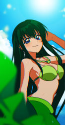 Rule 34 | 1girl, blue background, blue eyes, blue sky, bra, bracelet, breasts, closed mouth, cloud, earrings, fins, fish tail, green bra, green hair, hair between eyes, hair ornament, hand up, highres, in water, jewelry, long hair, looking at viewer, mermaid, mermaid melody pichi pichi pitch, monster girl, necklace, ocean, pearl bracelet, pearl necklace, shell, shell bikini, sky, smile, solo, sunlight, tail, touin rina, underwear, yumesaki nana