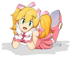 Rule 34 | 1girl, alternate hairstyle, blonde hair, boots, capcom, gloves, green eyes, happy, lying, mega man (classic), mega man (series), on stomach, ribbon, roll (mega man), smile, the pose, twintails, white background