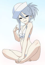 Rule 34 | 10s, 1girl, \n/, alternate hairstyle, bikini, blue background, blue eyes, breasts, commentary request, dixie cup hat, flint (girls und panzer), fox shadow puppet, front-tie bikini top, front-tie top, full body, girls und panzer, gradient background, grey hair, grin, hair up, half updo, hand on own foot, hat, highres, indian style, looking at viewer, military hat, short hair, sitting, small breasts, smile, solo, swimsuit, wata do chinkuru, white bikini, white hat