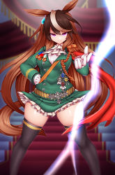 Rule 34 | 1girl, absurdres, animal ears, black thighhighs, brown hair, capelet, gloves, green jacket, green skirt, hand on own hip, highres, horse ears, horse girl, horse tail, jacket, kiramashi (satsujinki), long hair, looking at viewer, multicolored hair, neck ruff, open hand, purple eyes, red capelet, shirt, skindentation, skirt, smile, solo, streaked hair, symboli rudolf (umamusume), tail, thighhighs, umamusume, very long hair, white gloves, white shirt