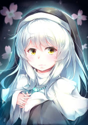 Rule 34 | 1girl, absurdres, blush, closed mouth, commentary request, duel monster, ghost sister &amp; spooky dogwood, habit, highres, jewelry, kanzakietc, long hair, long sleeves, looking at viewer, necklace, nun, own hands clasped, own hands together, smile, solo, traditional nun, upper body, white hair, yellow eyes, yu-gi-oh!