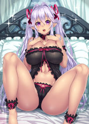 Rule 34 | 1girl, :o, ankle cuffs, babydoll, barefoot, bed, belly, black panties, breast suppress, breasts, cameltoe, choker, cleavage, demon girl, demon maid (houtengeki), female focus, frilled pillow, frills, hair between eyes, hair intakes, hair ribbon, hands on own chest, highres, horns, houtengeki, large breasts, bridal garter, lingerie, long hair, maid, navel, open mouth, original, panties, pillow, pointy ears, purple eyes, purple hair, ribbon, sitting, solo, sparkle, spread legs, teeth, thick thighs, thighs, twintails, underwear