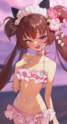 Rule 34 | 1girl, :d, absurdres, animal ears, bikini, blue archive, blush, breasts, cleavage, collarbone, fang, flower, frilled bikini, frills, hair flower, hair ornament, halo, highres, long hair, looking at viewer, navel, official alternate costume, open mouth, pink bikini, pink flower, red flower, shizuko (blue archive), shizuko (swimsuit) (blue archive), sillon, small breasts, smile, solo, swimsuit, twintails